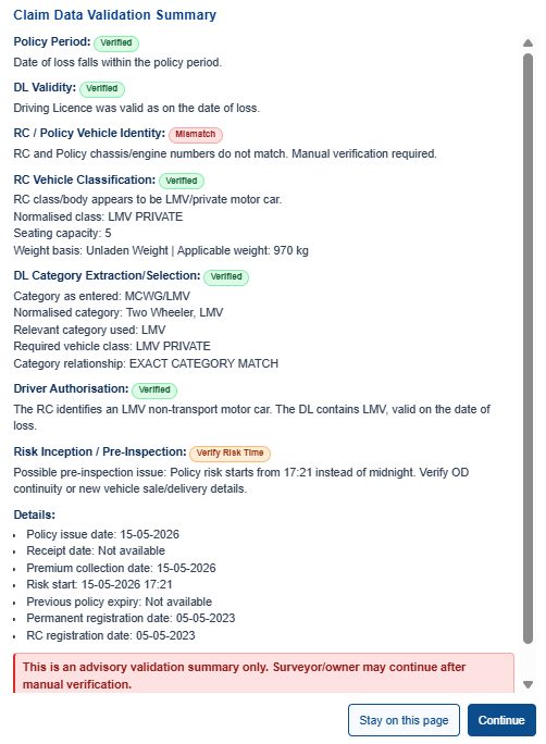 ClaimDesk Claim Data Validation Summary showing policy, RC and driving licence checks